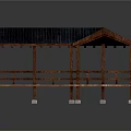 Garden Landscape Design Featuring Wooden Pavilion With Blue Roof Platform Railing And Support Pillars