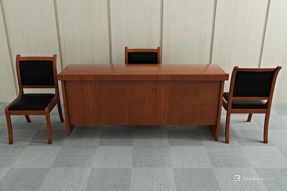 Wooden Office Desk With Three Chairs Black Seats Light Walls And Gray Carpet 3d model 