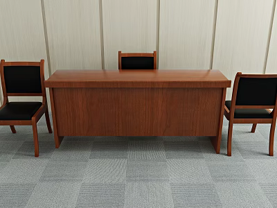 Wooden Office Desk With Three Chairs Black Seats Light Walls And Gray Carpet 3d model