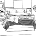 Modern Double Bed in Bedroom with Cozy Comforter Pillows Nightstands and Plants