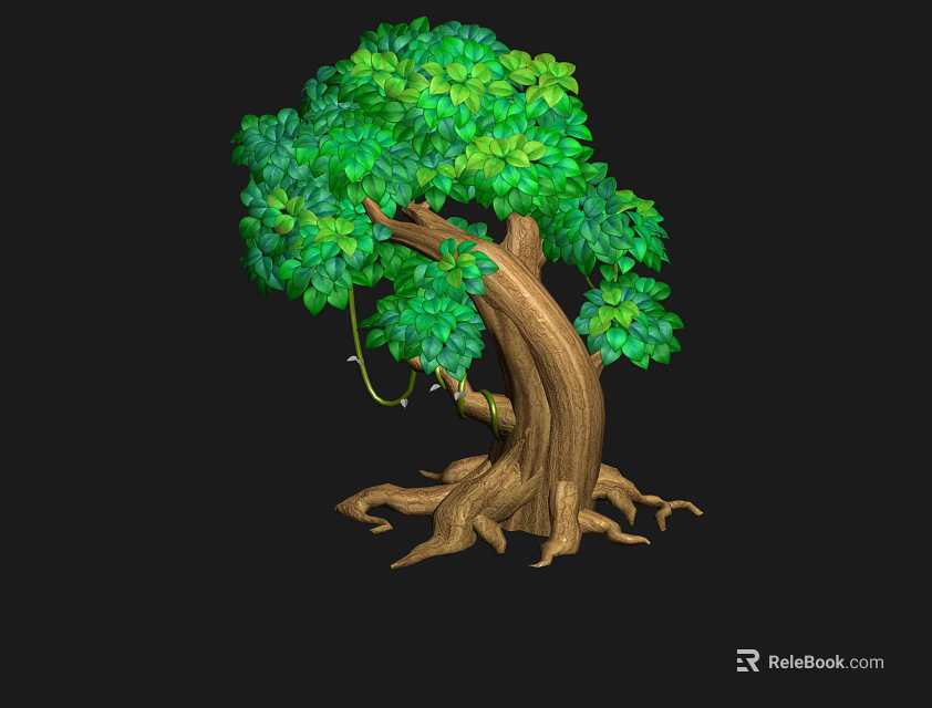 Lush Green Tree with Brown Trunk Exposed Roots Dense Leaves Hanging Vines 3d model 