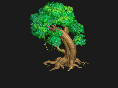 Lush Green Tree with Brown Trunk Exposed Roots Dense Leaves Hanging Vines 3d model