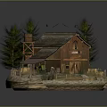 Cartoon Scene With Wooden Barn Pine Trees Water Tower Stones Hay And Fence