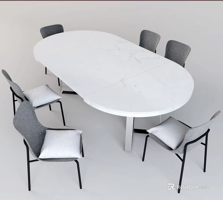 Modern White Oval Marble Dining Table Set with Grey Upholstered Chairs 3d model