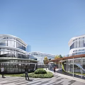 Modern Commercial Street with Modern Buildings Glass Facades Trees and Cars on Road