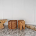 Rustic Wooden Stools With Various Designs Against White Wall On Marble Floor 3d model