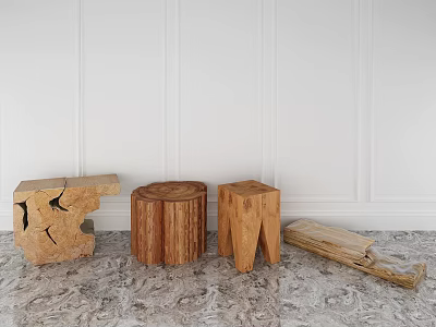 Rustic Wooden Stools With Various Designs Against White Wall On Marble Floor 3d model