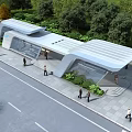 Modern Curved Urban Building Featuring Glass Facade Pedestrians And Lush Street Trees