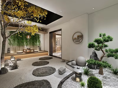 Japanese Zen SPA Sauna Dry Landscape Garden With Pine Tree Greenery Wall Relaxing Seating Area 3d model