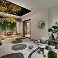 Japanese Zen SPA Sauna Dry Landscape Garden With Pine Tree Greenery Wall Relaxing Seating Area