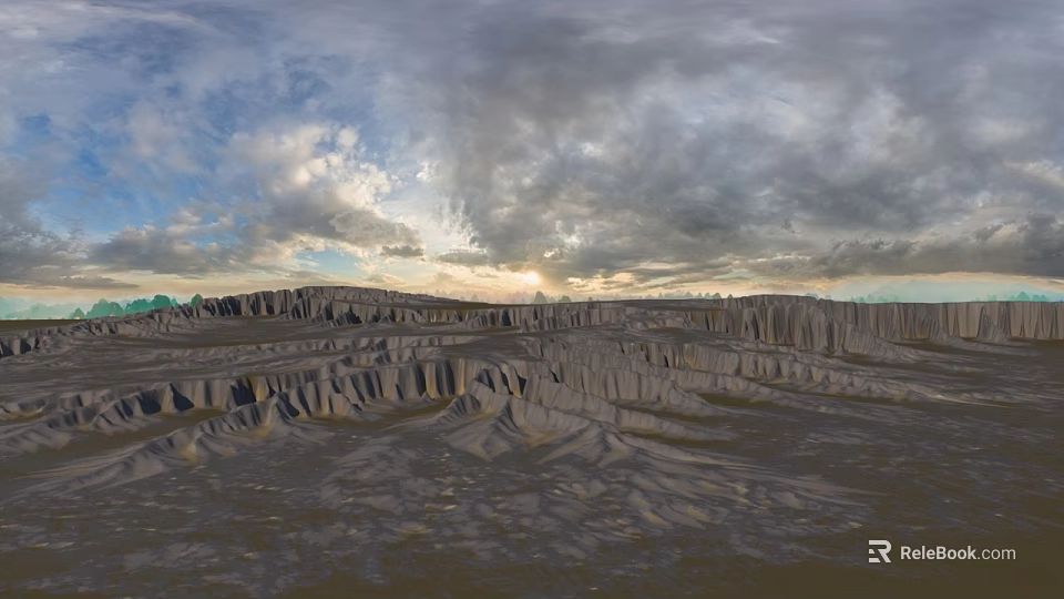 Scenic Mountain Terrain Featuring Rugged Ridges Under Dramatic Cloudy Sunset Sky 3d model 