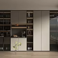 Modern Wine Cabinet Interior With Glass Doors Wine Bottles LED Lighting And Potted Plant