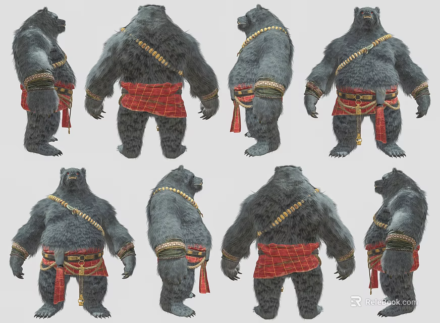 Decorative Bear Figurine Ornament Set With Multiple Angles And Red Sash Accents 3d model 