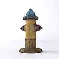 Vintage Fire Hydrant With Yellow Body Blue Top Red Valves And Rustic Texture
