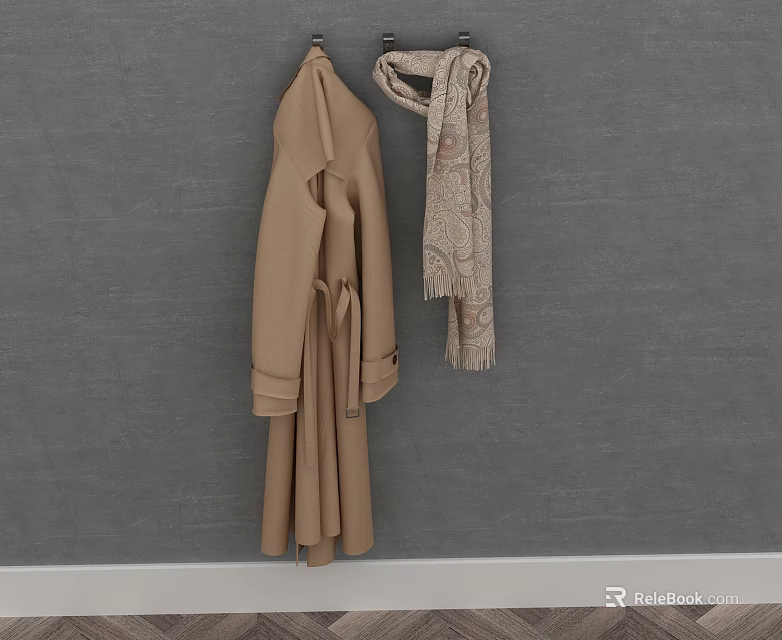Beige Long Trench Coat With Patterned Scarf Hanging On Grey Wall 3d model 