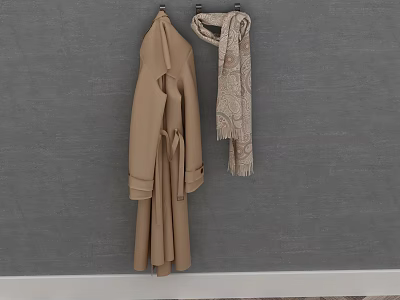 Beige Long Trench Coat With Patterned Scarf Hanging On Grey Wall 3d model