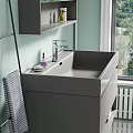Modern Gray Washbasin Vanity with Cabinet Mirror Towel Rack and Toiletries by Window