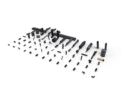 Various Black Weapon Parts Scattered on White Background 3d model