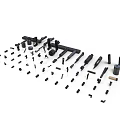 Various Black Weapon Parts Scattered on White Background