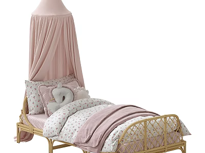 Kids Bed with Pink Canopy Woven Frame Polka Dot Bedding and Stuffed Toy 3d model