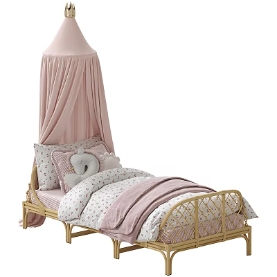 Kids Bed with Pink Canopy Woven Frame Polka Dot Bedding and Stuffed Toy 3d model