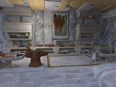 Ancient Kitchen Interior With Stone Shelves Pottery Jars Mural And Ovens 3d model