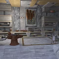 Ancient Kitchen Interior With Stone Shelves Pottery Jars Mural And Ovens