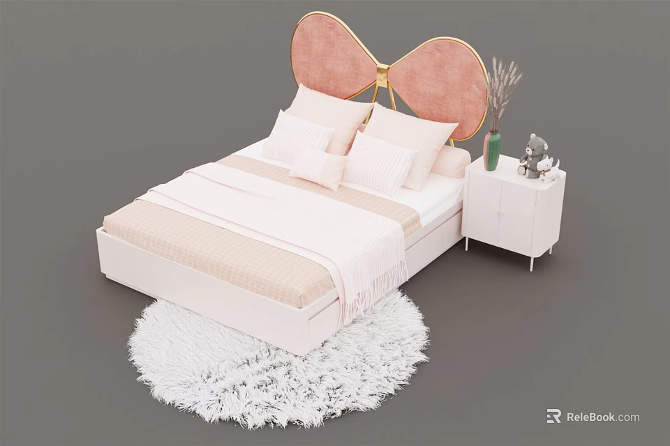 Stylish Double Bed with Pink Bow Headboard Light Sheets and Pillows White Nightstand Plush Rug 3d model 