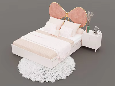 Stylish Double Bed with Pink Bow Headboard Light Sheets and Pillows White Nightstand Plush Rug 3d model
