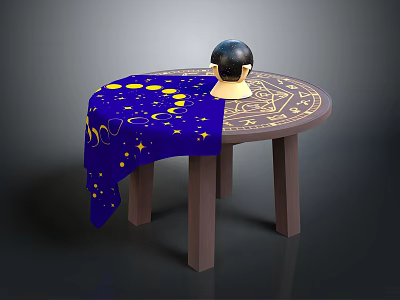 Round Wooden Table With Blue Tablecloth Featuring Yellow Stars And Moon Patterns And Celestial Globe 3d model