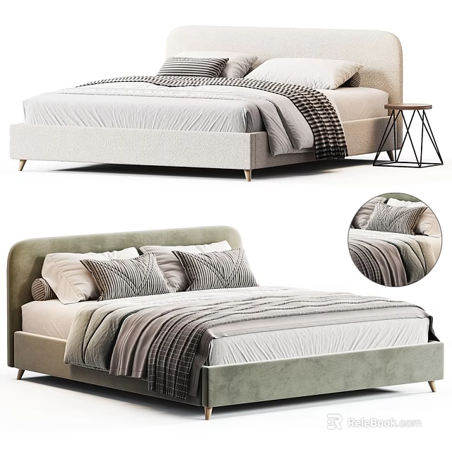 Modern Upholstered Double Bed With Striped Sheets Decorative Pillows And Side Table 3d model