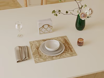 Elegant Dining Table Setting With Patterned Placemat Bowl Plate Napkin Wine Glass Green Vase Flowers 3d model