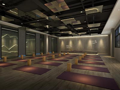 Spacious Modern Yoga Fitness Studio With Purple Mats And Wooden Blocks 3d model