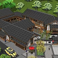 Traditional Chinese Architectural Scene With Black Tiled Roofs Wooden Frames Green Trees And People