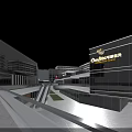 Modern Commercial Street With Glass Buildings Greenery Fountain And Shopping Stores