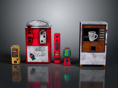 Different Colored Electronic Vending Machines Including Atomic Cola And Coffee Dispensers 3d model