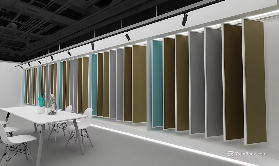 Modern Display Space Featuring Various Colored Panels And White Table Chairs 3d model 