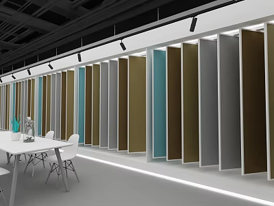 Modern Display Space Featuring Various Colored Panels And White Table Chairs 3d model