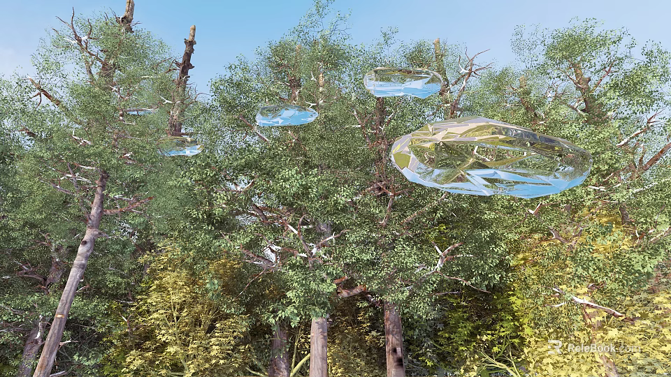 Beautiful Natural Forest Landscape With Green Trees Clear Blue Sky And Floating Glassy Orbs 3d model 