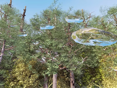 Beautiful Natural Forest Landscape With Green Trees Clear Blue Sky And Floating Glassy Orbs 3d model