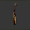 Decorative String Instrument With Red Gold Body Green Glowing Patterns And Ornate Resonator
