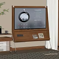 TV On Wooden Console Displaying Media Playlist With Framed Photos In Living Room