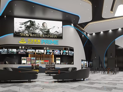 Modern Cinema Lobby With Movie Posters Ticket Counter And Sofas 3d model