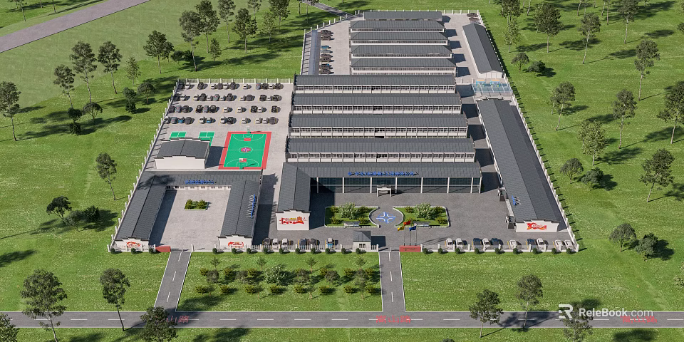 Landscaped Business Park With Parking Lot Greenery Multiple Buildings And Entrance Vehicles 3d model 