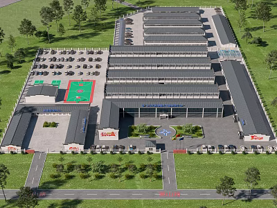 Landscaped Business Park With Parking Lot Greenery Multiple Buildings And Entrance Vehicles 3d model