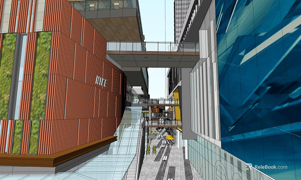 Modern Commercial Street With Glass Facades Sky Bridge And Pedestrian Walkway 3d model 