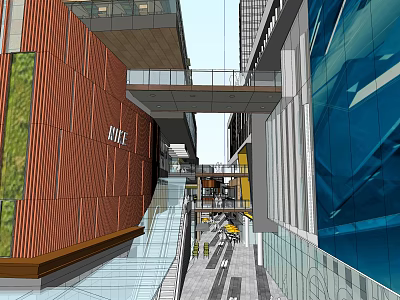 Modern Commercial Street With Glass Facades Sky Bridge And Pedestrian Walkway 3d model