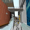 Modern Commercial Street With Glass Facades Sky Bridge And Pedestrian Walkway