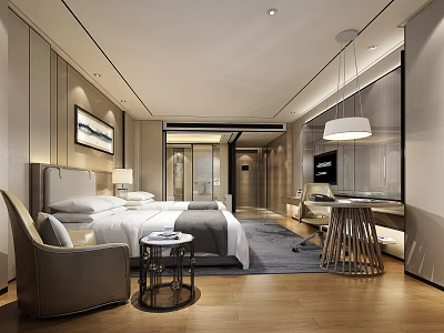 Modern Hotel Guest Room Featuring King Bed Armchair Work Desk Pendant Light And Wooden Flooring 3d model