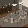 Modern White Oval Dining Table Set with Metal Leg Chairs and Wooden Sideboard